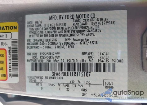 2020 Ford Fusion Hybrid Se z USA, uszkodzony, nr VIN 3FA6P0LU1LR115107